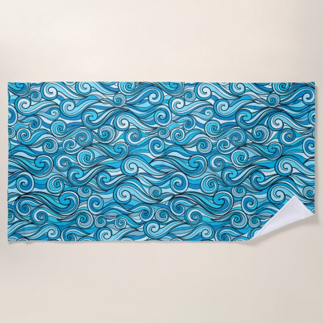 Abstract ocean waves blue pattern beach towel (Front)