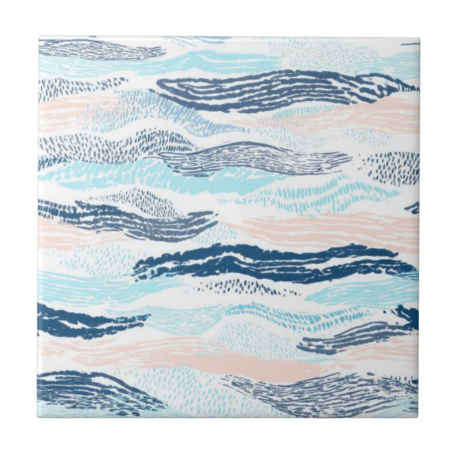 Abstract Ocean Waves Blue Pink Textured Pattern Tile (Front)