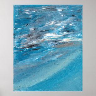 Abstract Ocean Waves in Blue and Grey Brushstrokes Poster