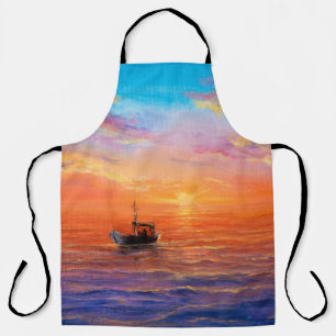 abstract oil painting of fishing boat and sea on apron