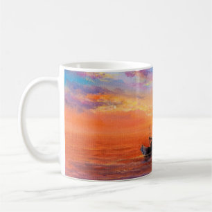 abstract oil painting of fishing boat and sea on coffee mug