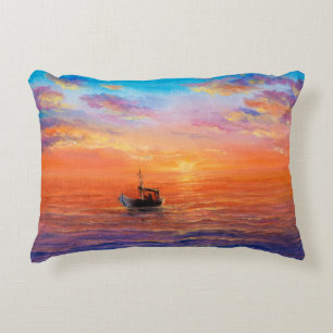 abstract oil painting of fishing boat and sea on decorative cushion