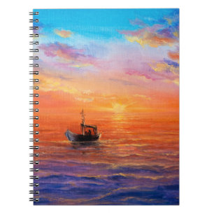 abstract oil painting of fishing boat and sea on notebook