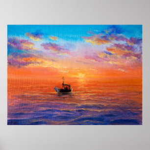 abstract oil painting of fishing boat and sea on poster
