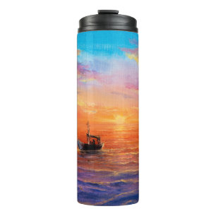 abstract oil painting of fishing boat and sea on thermal tumbler