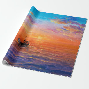 abstract oil painting of fishing boat and sea on wrapping paper