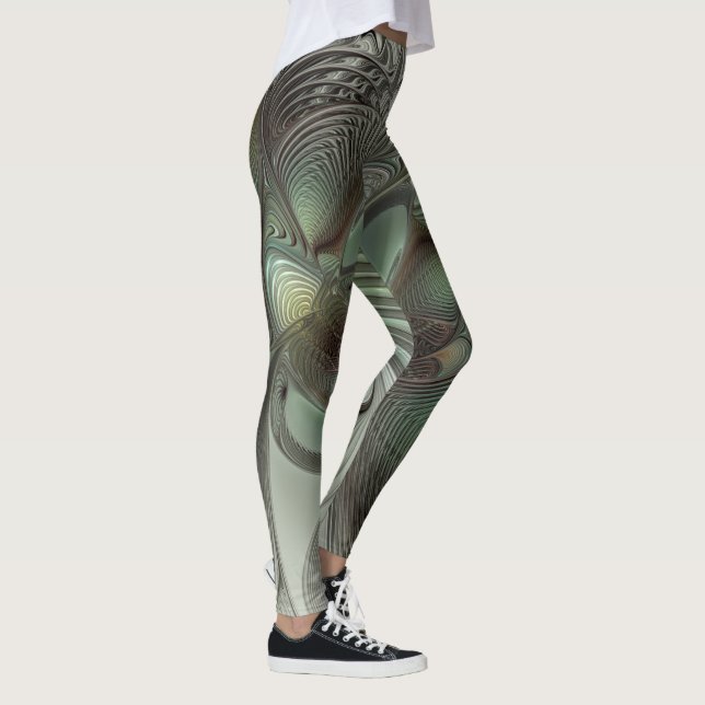 Abstract Olive Green Grey Fractal Art Fantasy Leggings (Right)