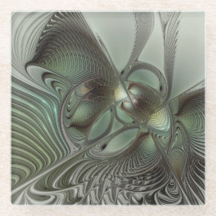 Abstract Olive Sage Green Gray Fractal Art Fantasy Glass Coaster
