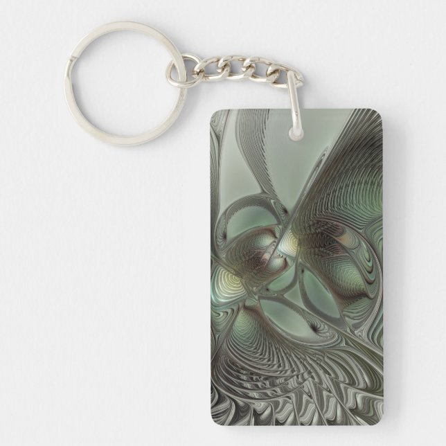 Abstract Olive Sage Green Gray Fractal Art Fantasy Key Ring (Front)
