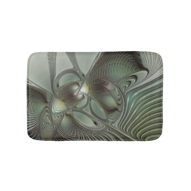 Abstract Olive Sage Green Grey Fractal Art Fantasy Bath Mat (Front)
