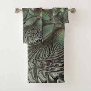 Abstract Olive Sage Green Grey Fractal Art Fantasy Bath Towel Set