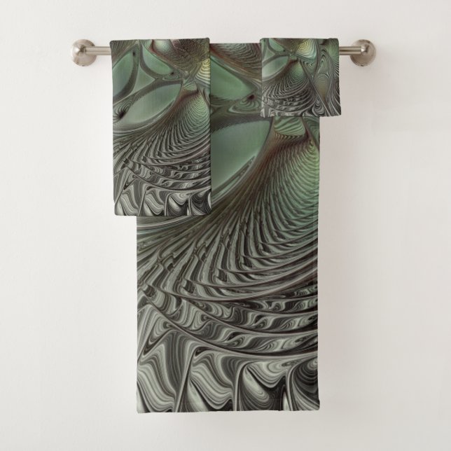 Abstract Olive Sage Green Grey Fractal Art Fantasy Bath Towel Set (Insitu)
