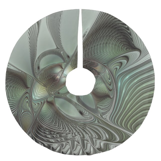 Abstract Olive Sage Green Grey Fractal Art Fantasy Brushed Polyester Tree Skirt (Front)