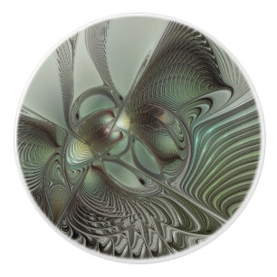 Abstract Olive Sage Green Grey Fractal Art Fantasy Ceramic Knob