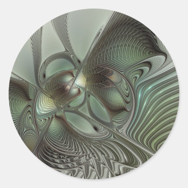 Abstract Olive Sage Green Grey Fractal Art Fantasy Classic Round Sticker (Front)