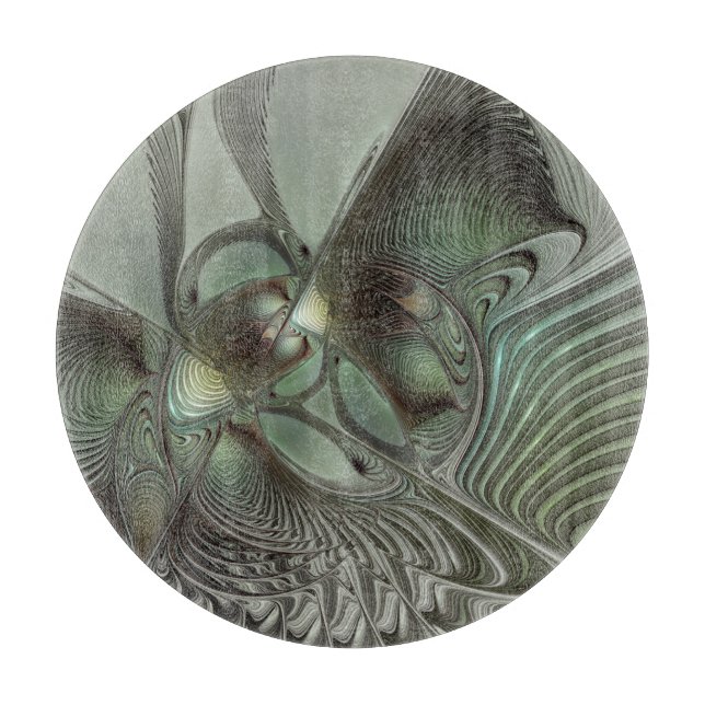 Abstract Olive Sage Green Grey Fractal Art Fantasy Cutting Board (Front)