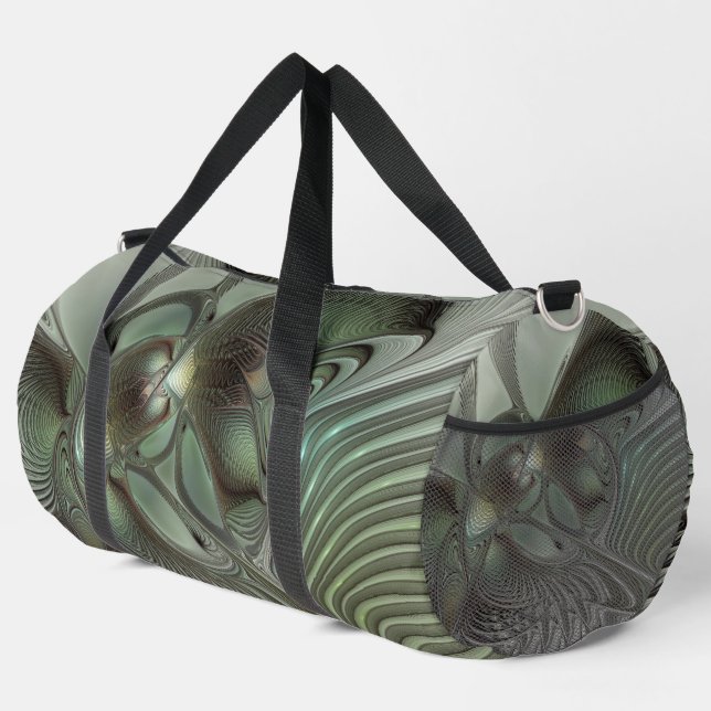 Abstract Olive Sage Green Grey Fractal Art Fantasy Duffle Bag (Right Corner)