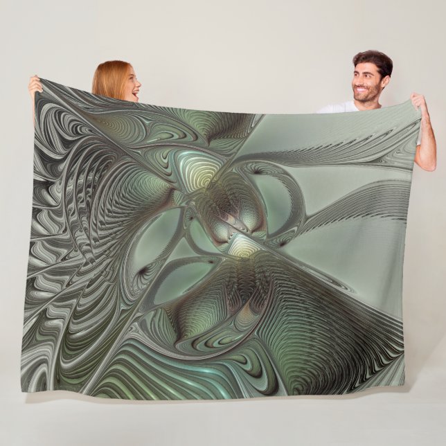 Abstract Olive Sage Green Grey Fractal Art Fantasy Fleece Blanket (In Situ)