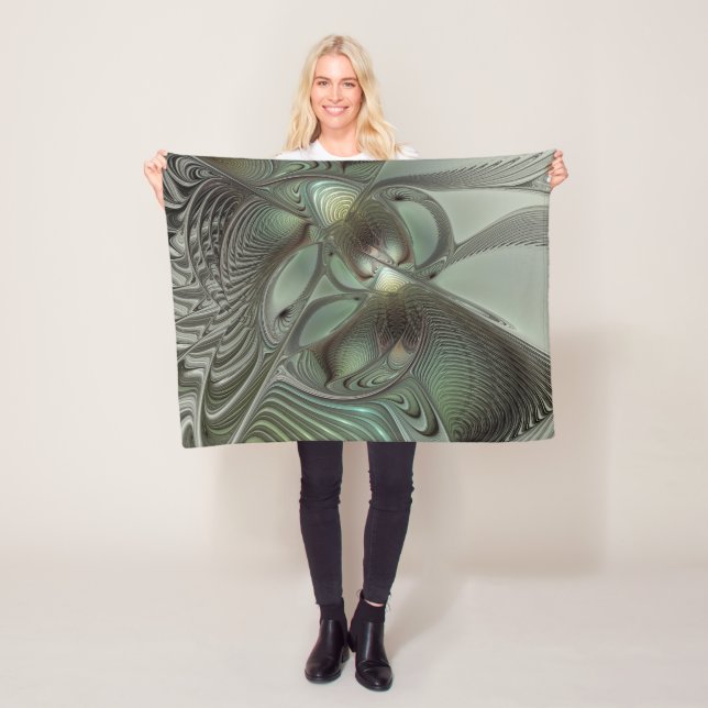 Abstract Olive Sage Green Grey Fractal Art Fantasy Fleece Blanket (In Situ)