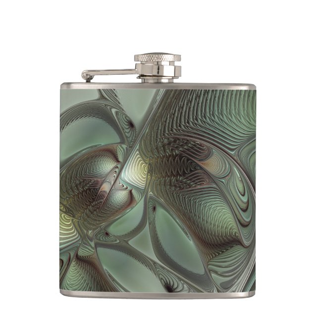 Abstract Olive Sage Green Grey Fractal Art Fantasy Hip Flask (Front)