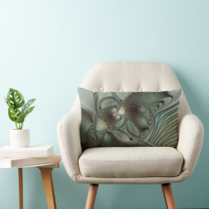 Abstract Olive Sage Green Grey Fractal Art Fantasy Lumbar Cushion