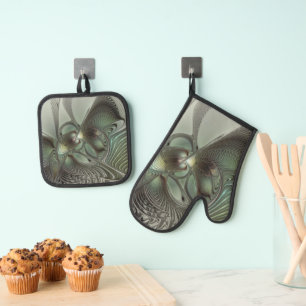 Abstract Olive Sage Green Grey Fractal Art Fantasy Oven Mitt & Pot Holder Set