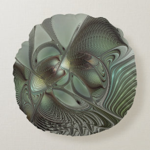 Abstract Olive Sage Green Grey Fractal Art Fantasy Round Cushion