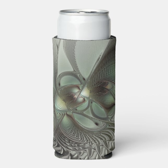 Abstract Olive Sage Green Grey Fractal Art Fantasy Seltzer Can Cooler (Seltzer Front)