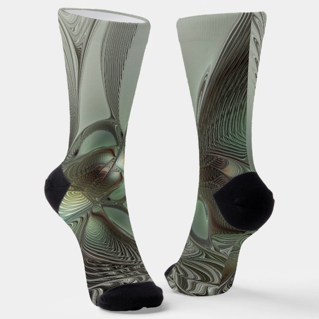 Abstract Olive Sage Green Grey Fractal Art Fantasy Socks (Angled)