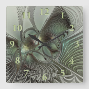 Abstract Olive Sage Green Grey Fractal Art Fantasy Square Wall Clock
