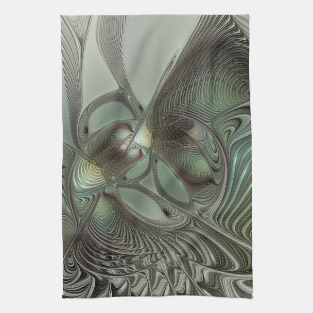 Abstract Olive Sage Green Grey Fractal Art Fantasy Tea Towel (Vertical)