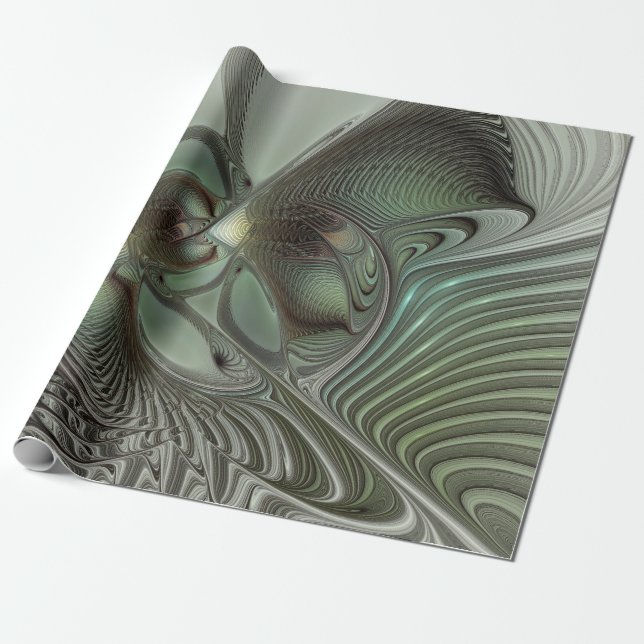 Abstract Olive Sage Green Grey Fractal Art Fantasy Wrapping Paper (Unrolled)