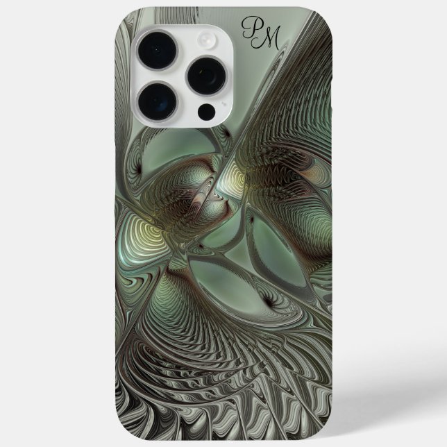 Abstract Olive Sage Green Grey Fractal Initials Case-Mate iPhone Case (Back)