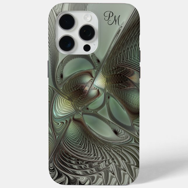 Abstract Olive Sage Green Grey Fractal Initials Case-Mate iPhone Case (Back)