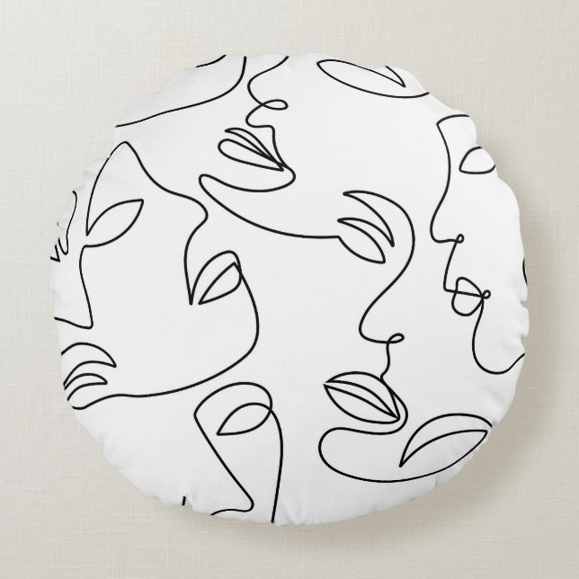 Abstract One Line Face Pattern Round Cushion (Front)