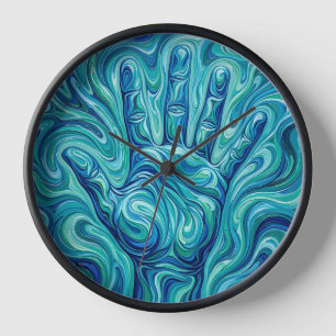 Abstract Open Hand Palm Ocean Blue Art Clocks