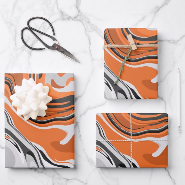 Abstract Orange and Black Fluid Art Wrapping Paper Sheet (Front)