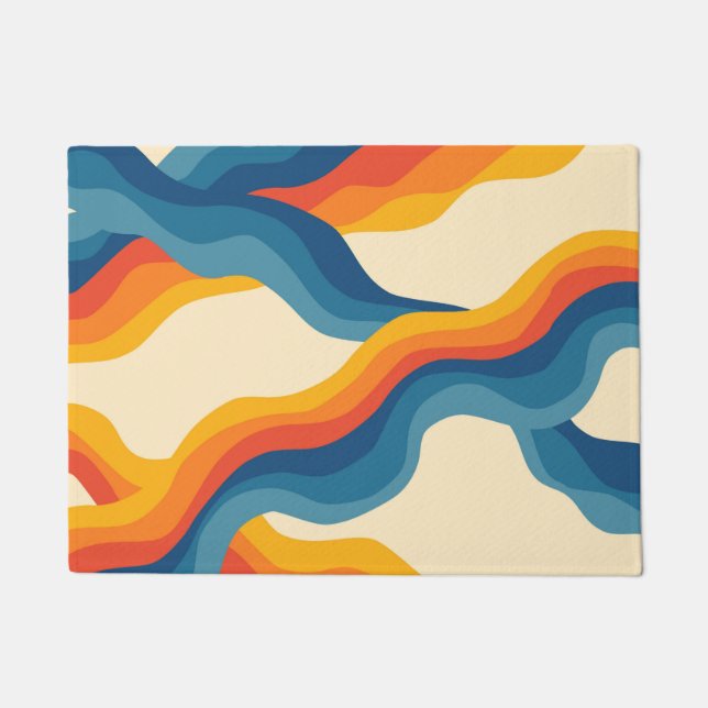 Abstract Orange Blue Retro Wavy Stripe Bold Modern Doormat (Front)