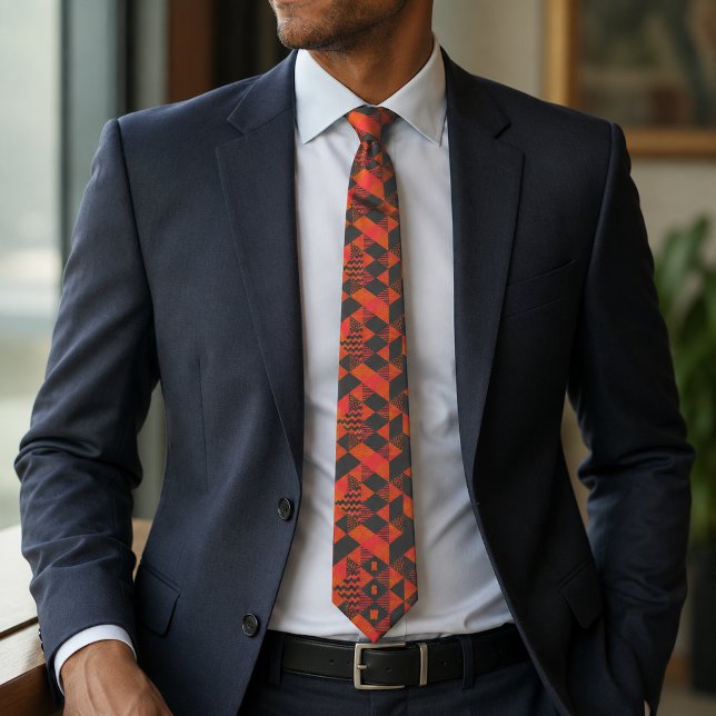 Abstract Orange Grey Geometric Monogram Tie (Creator Uploaded)