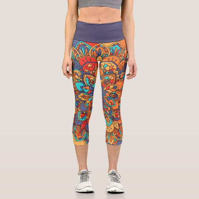 Abstract orange purple zen funky art capri leggings (Front)