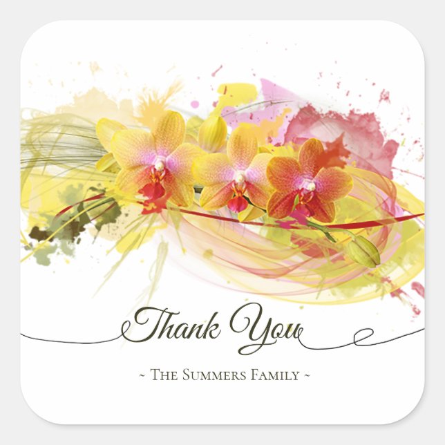 Abstract Orchids Colour Splash Calligraphy Square Sticker (Front)
