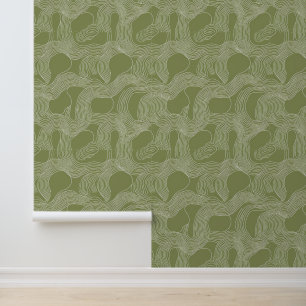 Abstract Organic Line Art on Olive Green Wallpaper