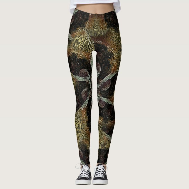 Abstract organic pattern design in dark warm colou leggings (Front)