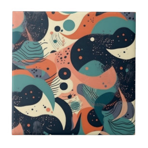 Abstract Organic Shapes Navy Coral Teal Cream Tile