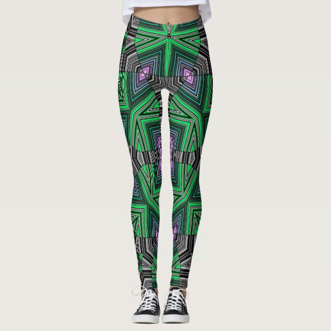 Abstract ornamental lined striped green dark folk leggings (Front)