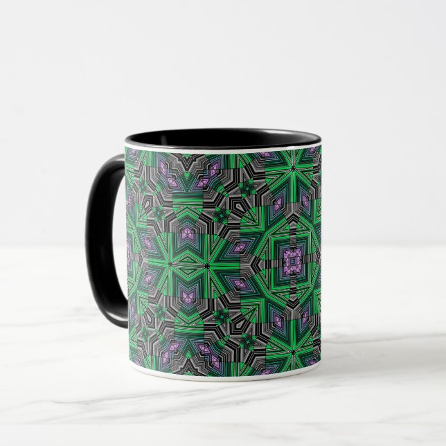 Abstract ornamental lined striped green dark folk mug (Front Left)