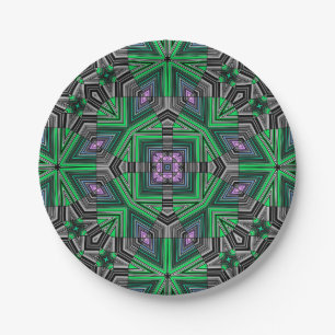 Abstract ornamental lined striped green dark folk paper plate