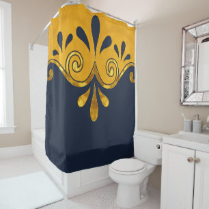 Abstract ornamental shape in navy blue and gold shower curtain
