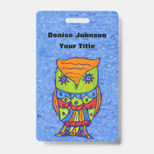Abstract Owl Bright Colours Star Eyes on Blues ID Badge