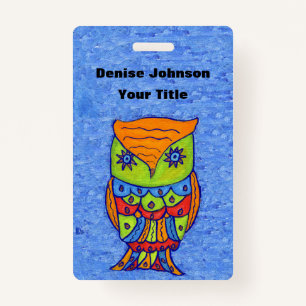 Abstract Owl Bright Colours Star Eyes on Blues ID Badge